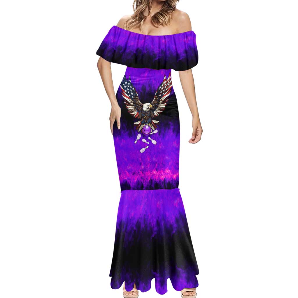 Personalized Patriotic Eagle Bowling Mermaid Dress with Purple Flames USA Flag Wings Design - Wonder Print Shop