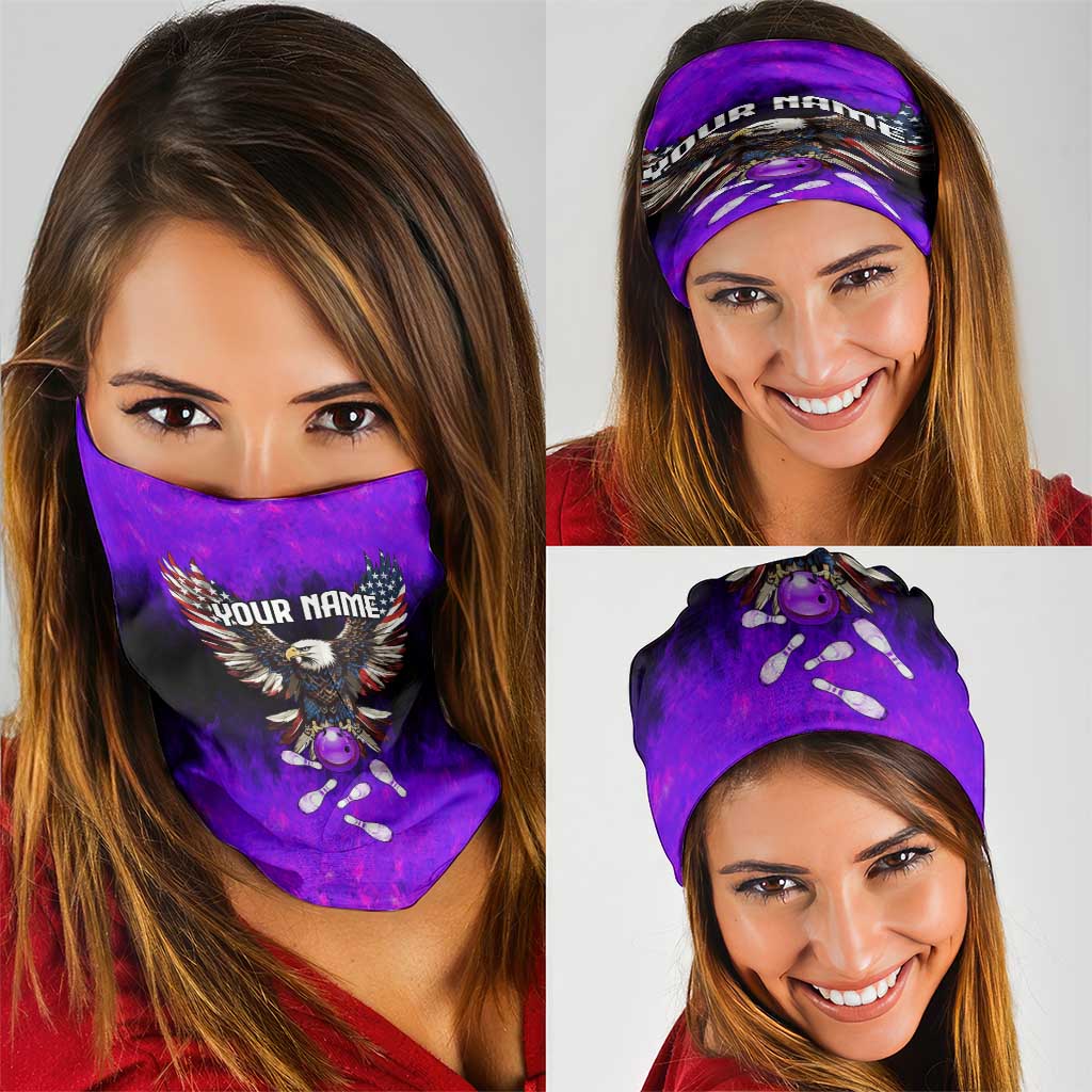 Personalized Patriotic Eagle Bowling Neck Gaiter with Purple Flames USA Flag Wings Design - Wonder Print Shop