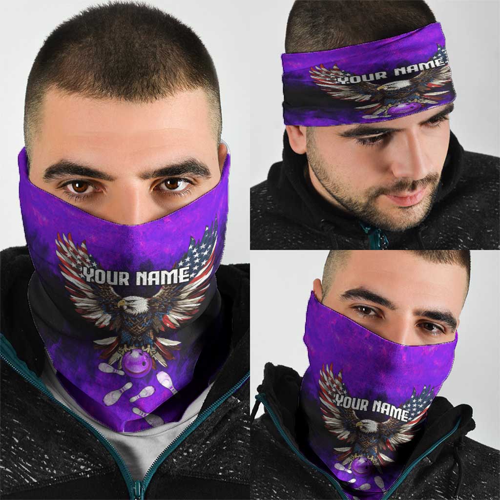 Personalized Patriotic Eagle Bowling Neck Gaiter with Purple Flames USA Flag Wings Design - Wonder Print Shop
