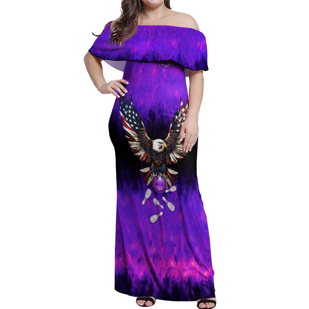 Personalized Patriotic Eagle Bowling Off Shoulder Maxi Dress with Purple Flames USA Flag Wings Design - Wonder Print Shop