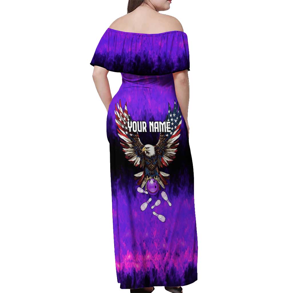 Personalized Patriotic Eagle Bowling Off Shoulder Maxi Dress with Purple Flames USA Flag Wings Design - Wonder Print Shop