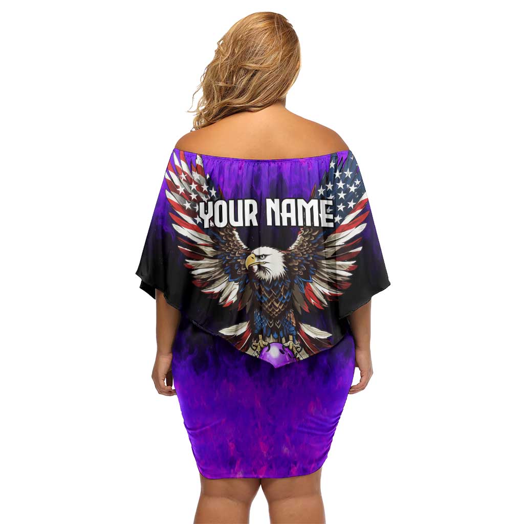 Personalized Patriotic Eagle Bowling Off Shoulder Short Dress with Purple Flames USA Flag Wings Design - Wonder Print Shop