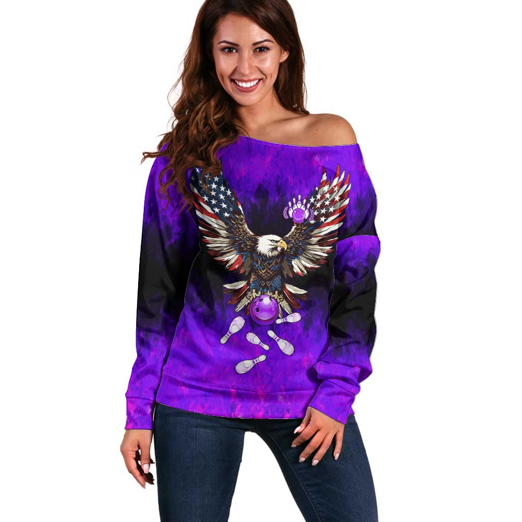 Personalized Patriotic Eagle Bowling Off Shoulder Sweater with Purple Flames USA Flag Wings Design - Wonder Print Shop