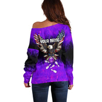 Personalized Patriotic Eagle Bowling Off Shoulder Sweater with Purple Flames USA Flag Wings Design - Wonder Print Shop