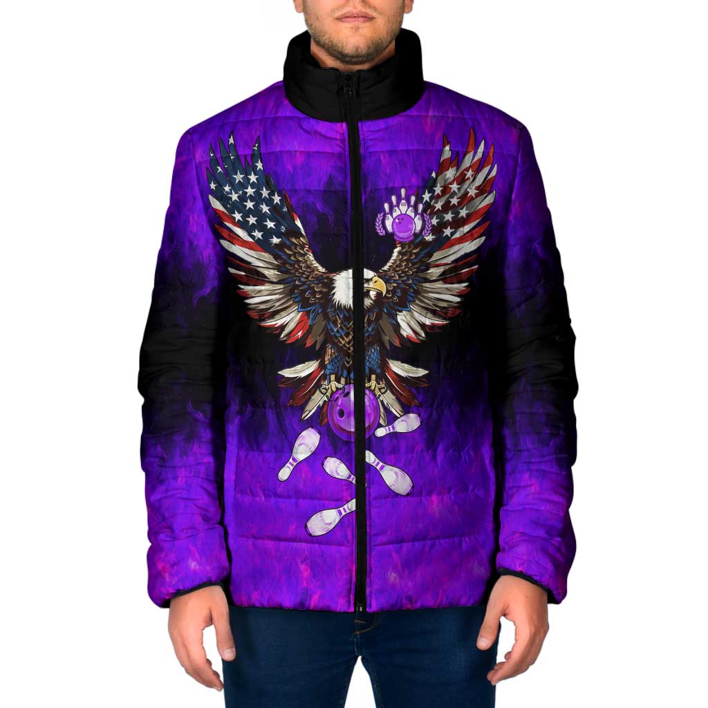 Personalized Patriotic Eagle Bowling Padded Jacket with Purple Flames USA Flag Wings Design - Wonder Print Shop