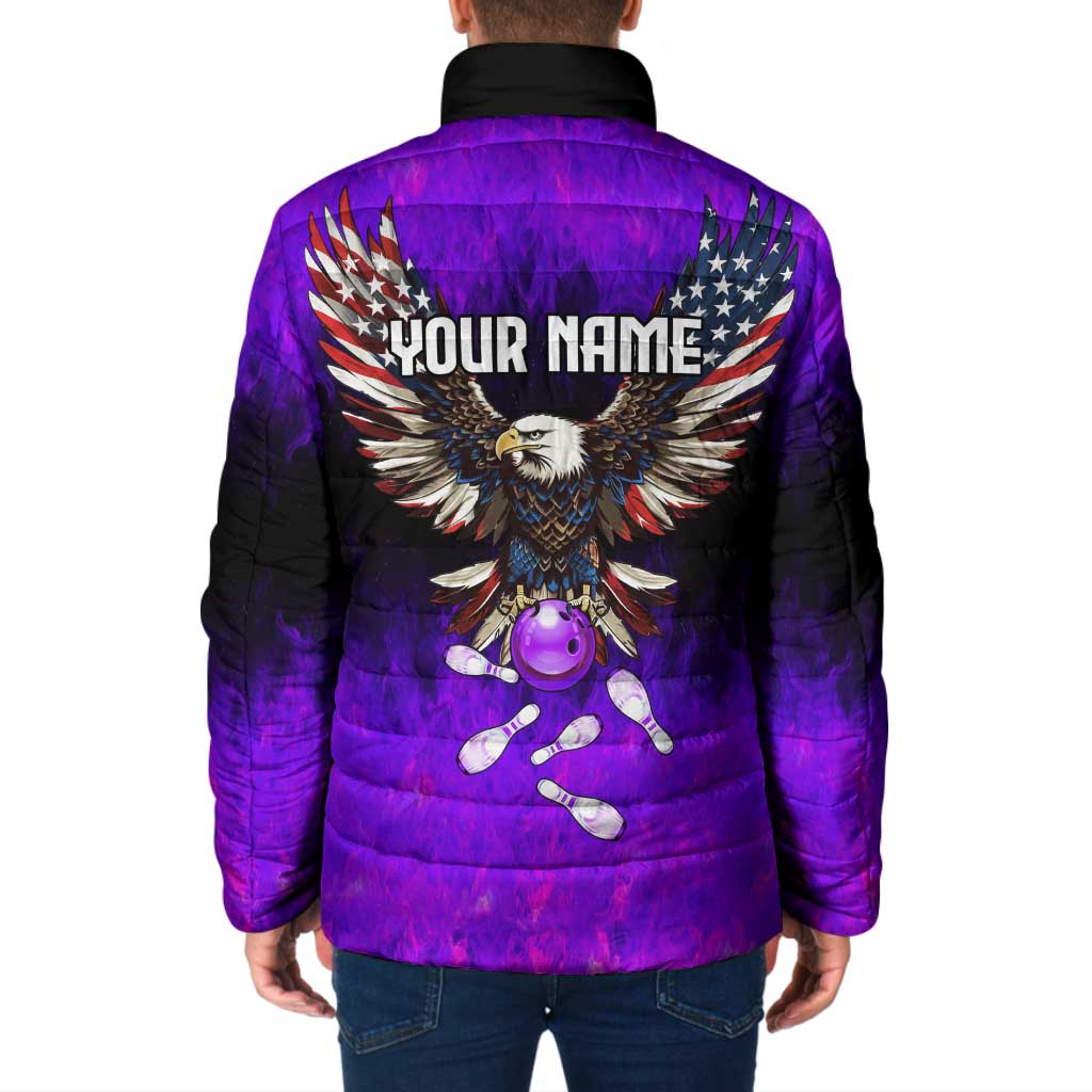 Personalized Patriotic Eagle Bowling Padded Jacket with Purple Flames USA Flag Wings Design - Wonder Print Shop