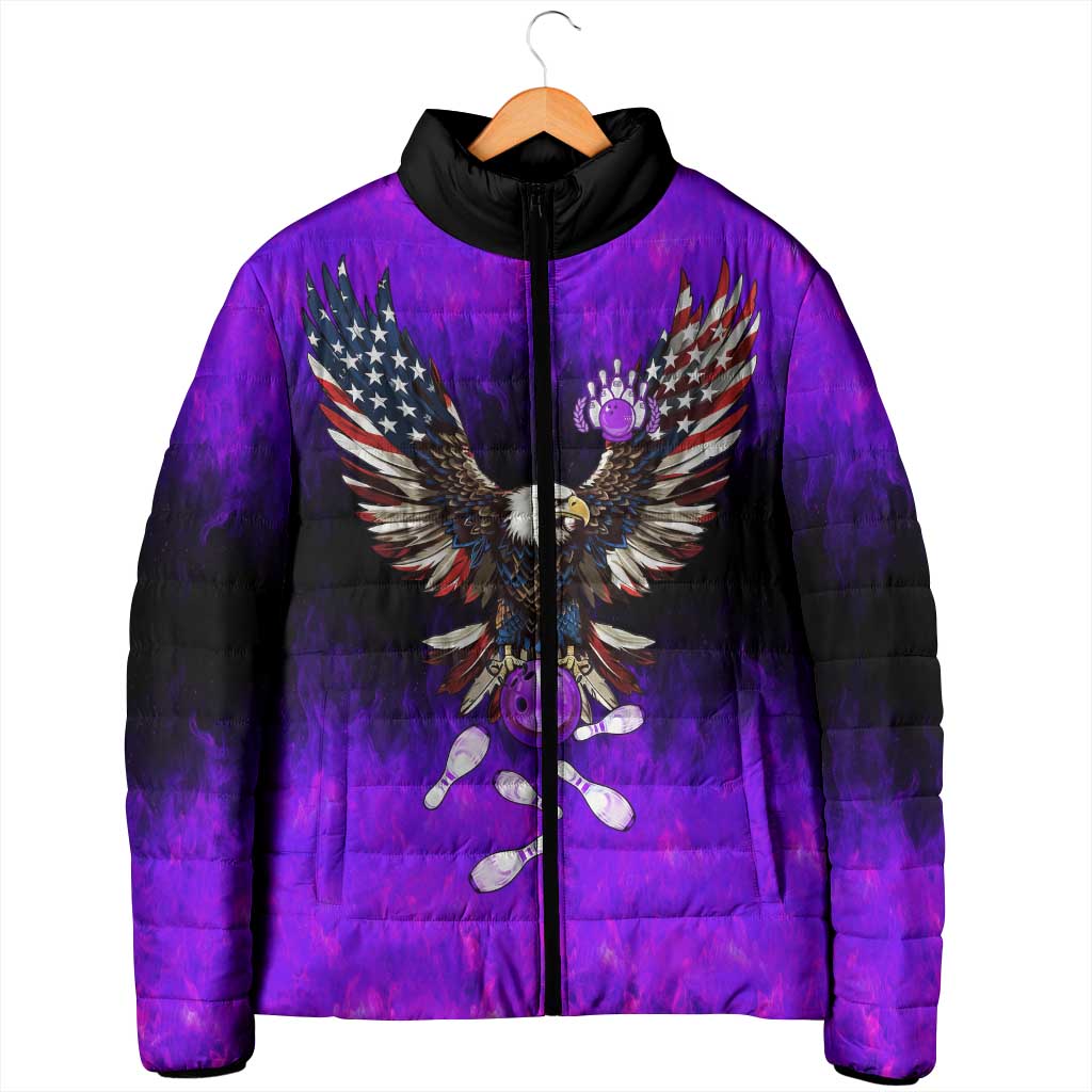 Personalized Patriotic Eagle Bowling Padded Jacket with Purple Flames USA Flag Wings Design - Wonder Print Shop