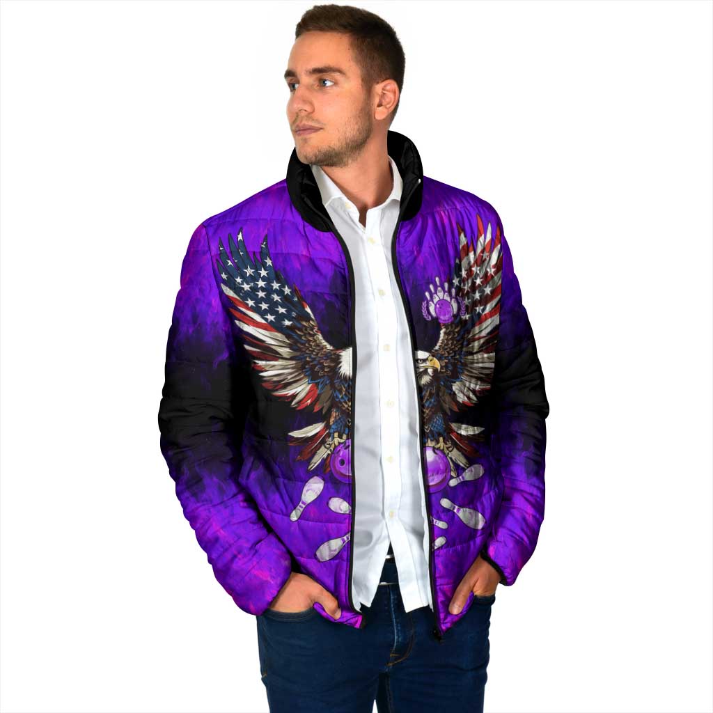 Personalized Patriotic Eagle Bowling Padded Jacket with Purple Flames USA Flag Wings Design - Wonder Print Shop