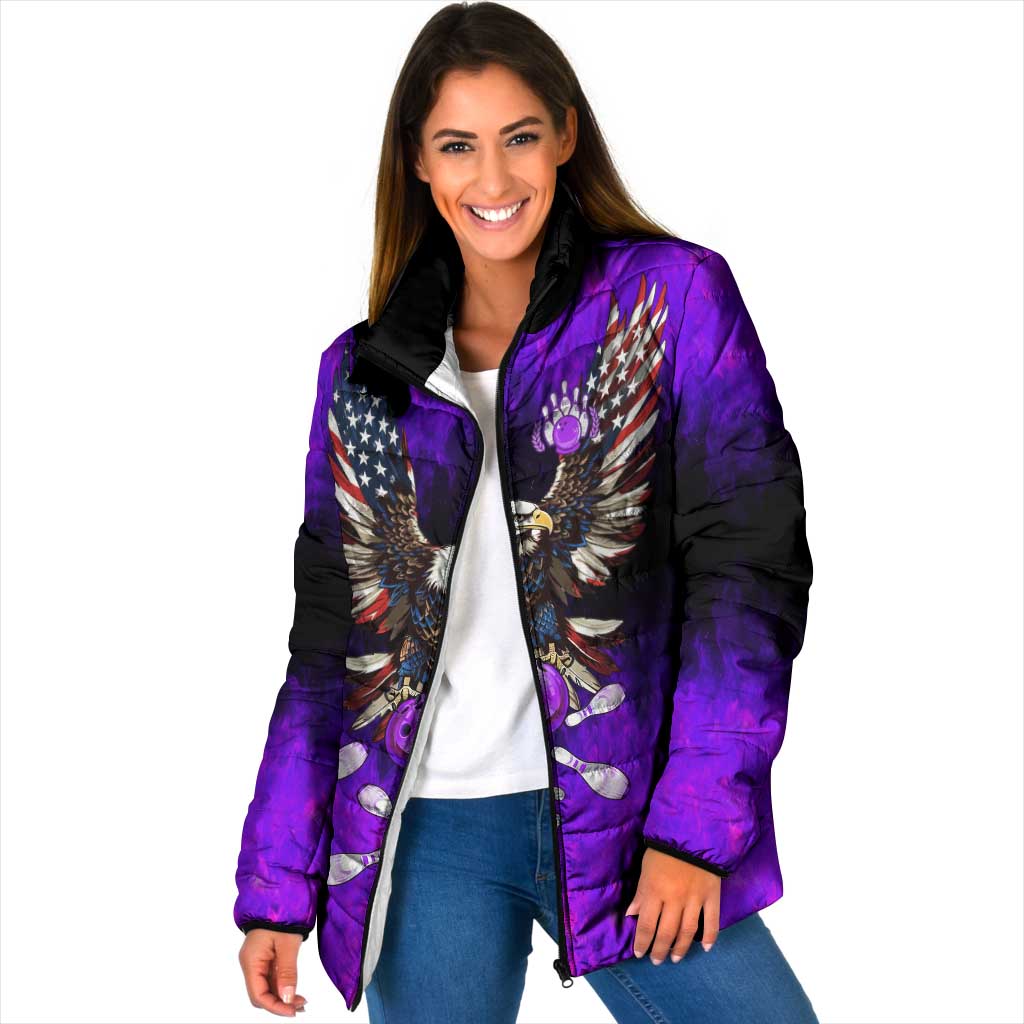 Personalized Patriotic Eagle Bowling Padded Jacket with Purple Flames USA Flag Wings Design - Wonder Print Shop