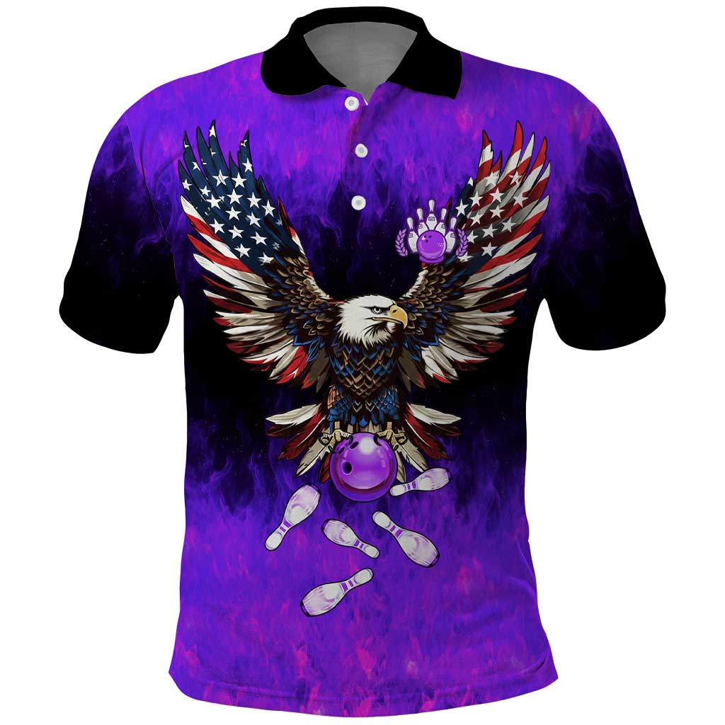 Personalized Patriotic Eagle Bowling Polo Shirt with Purple Flames USA Flag Wings Design - Wonder Print Shop