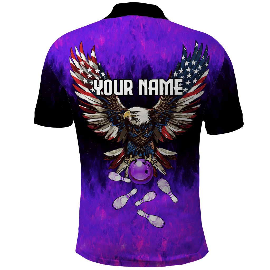 Personalized Patriotic Eagle Bowling Polo Shirt with Purple Flames USA Flag Wings Design - Wonder Print Shop