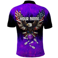 Personalized Patriotic Eagle Bowling Polo Shirt with Purple Flames USA Flag Wings Design - Wonder Print Shop