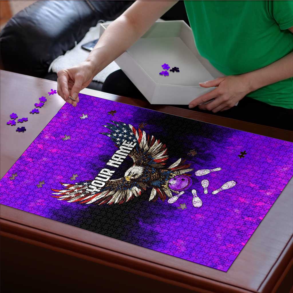 Personalized Patriotic Eagle Bowling Puzzle with Purple Flames USA Flag Wings Design - Wonder Print Shop