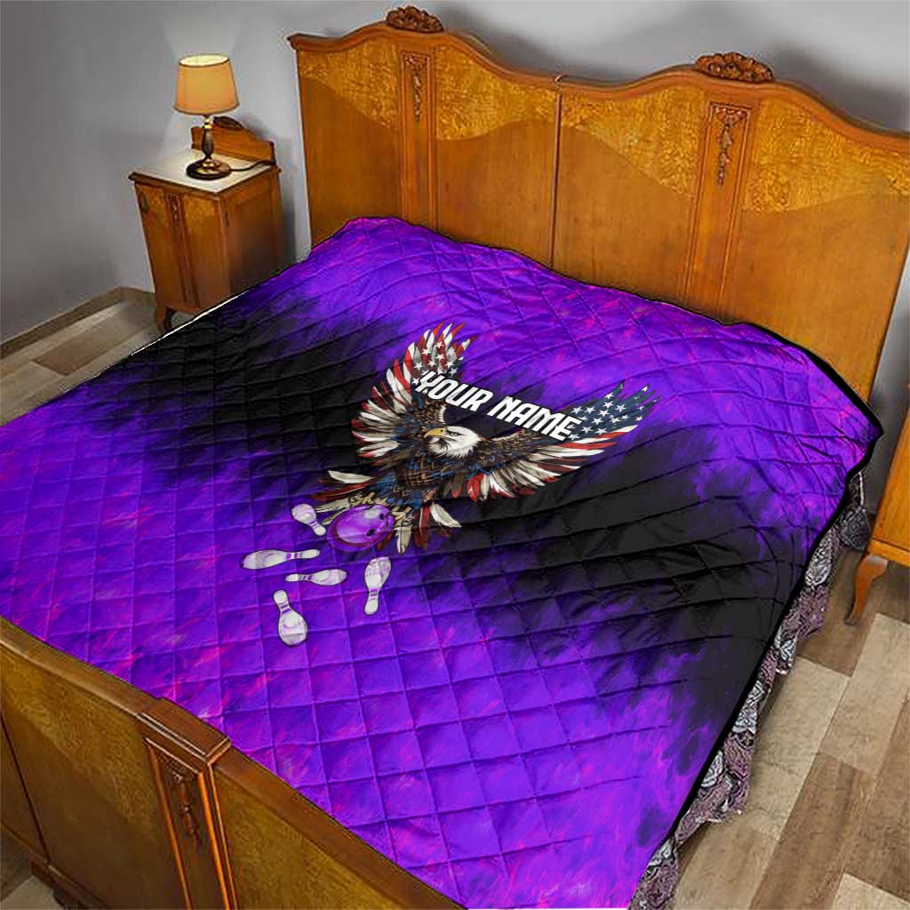 Personalized Patriotic Eagle Bowling Quilt with Purple Flames USA Flag Wings Design - Wonder Print Shop
