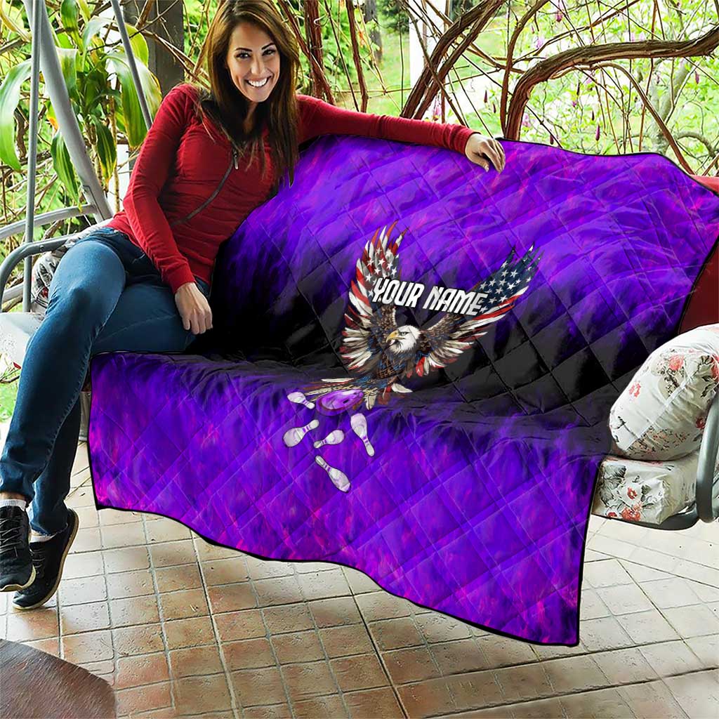 Personalized Patriotic Eagle Bowling Quilt with Purple Flames USA Flag Wings Design - Wonder Print Shop