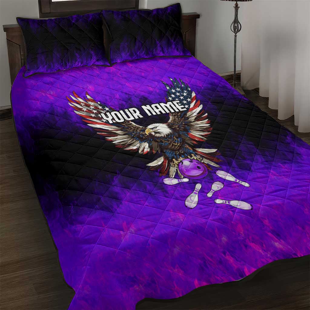 Personalized Patriotic Eagle Bowling Quilt Bed Set with Purple Flames USA Flag Wings Design - Wonder Print Shop