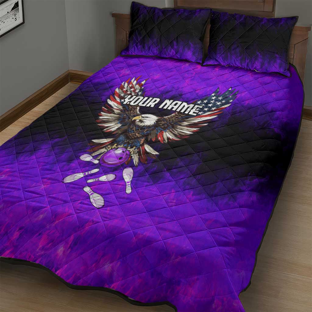 Personalized Patriotic Eagle Bowling Quilt Bed Set with Purple Flames USA Flag Wings Design - Wonder Print Shop