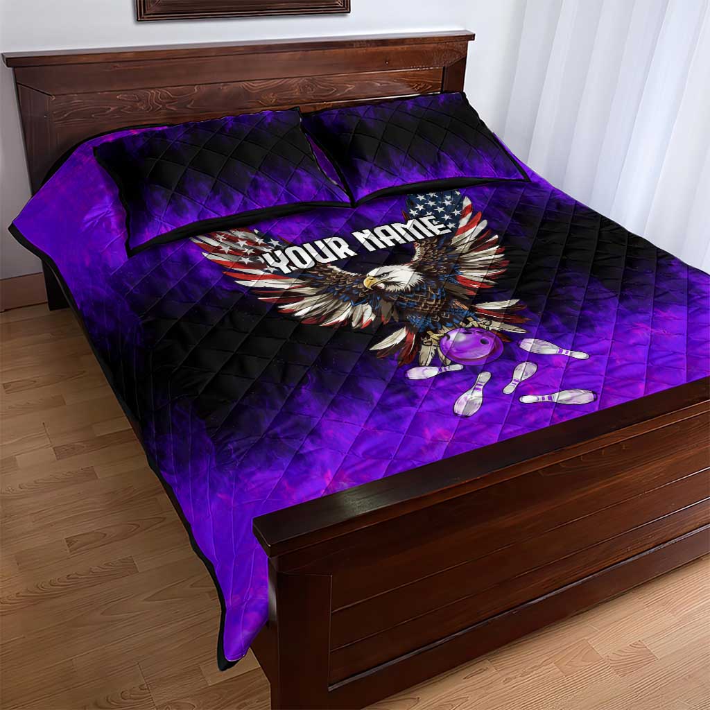 Personalized Patriotic Eagle Bowling Quilt Bed Set with Purple Flames USA Flag Wings Design - Wonder Print Shop