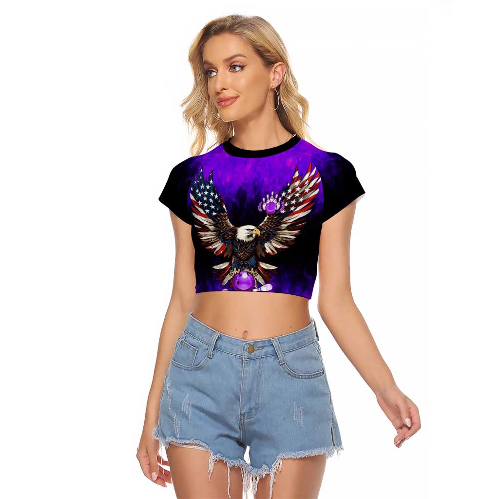 Personalized Patriotic Eagle Bowling Raglan Cropped T Shirt with Purple Flames USA Flag Wings Design - Wonder Print Shop