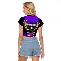Personalized Patriotic Eagle Bowling Raglan Cropped T Shirt with Purple Flames USA Flag Wings Design - Wonder Print Shop