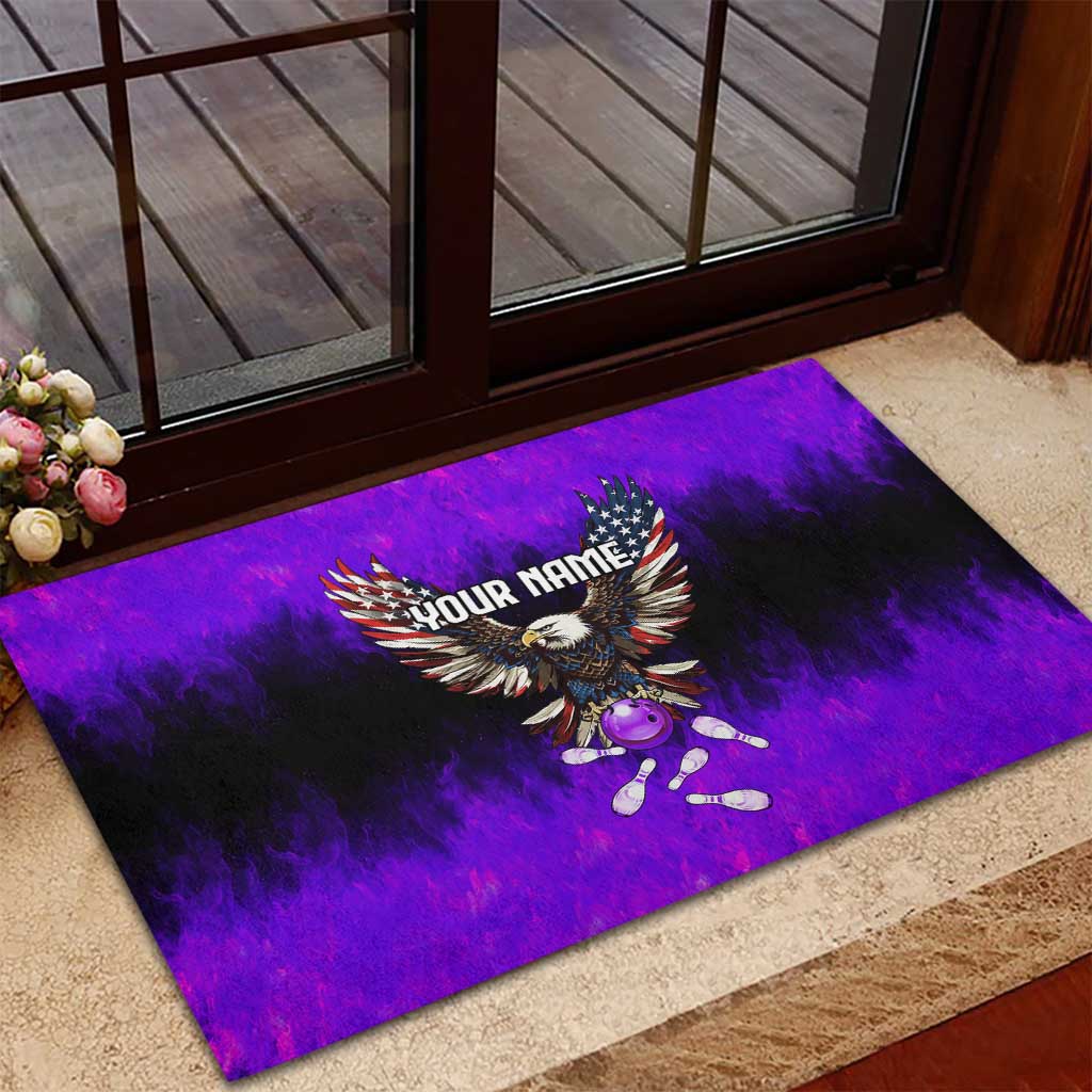 Personalized Patriotic Eagle Bowling Rubber Doormat with Purple Flames USA Flag Wings Design - Wonder Print Shop