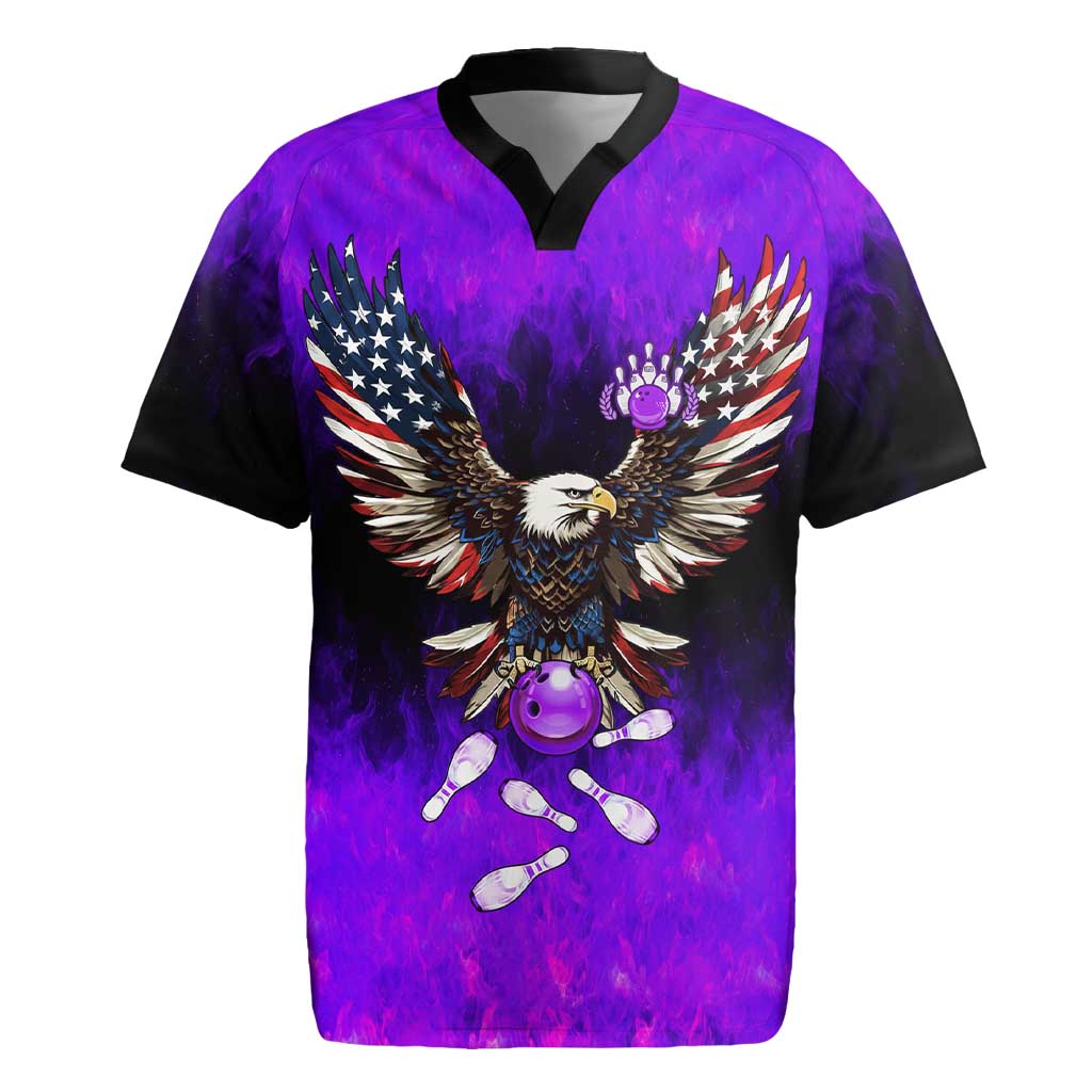 Personalized Patriotic Eagle Bowling Rugby Jersey with Purple Flames USA Flag Wings Design - Wonder Print Shop