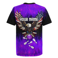 Personalized Patriotic Eagle Bowling Rugby Jersey with Purple Flames USA Flag Wings Design - Wonder Print Shop