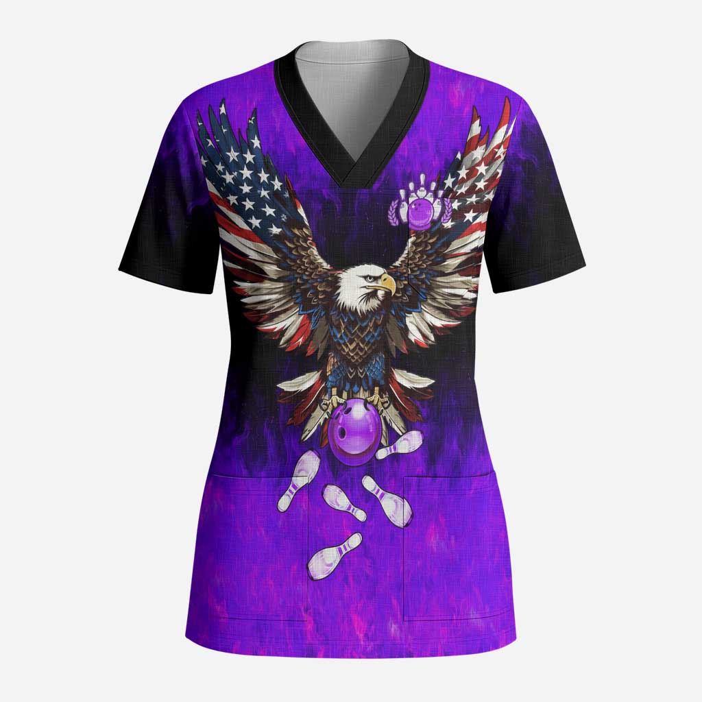 Personalized Patriotic Eagle Bowling Scrub Top with Purple Flames USA Flag Wings Design - Wonder Print Shop