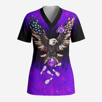 Personalized Patriotic Eagle Bowling Scrub Top with Purple Flames USA Flag Wings Design - Wonder Print Shop