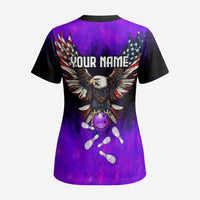 Personalized Patriotic Eagle Bowling Scrub Top with Purple Flames USA Flag Wings Design - Wonder Print Shop