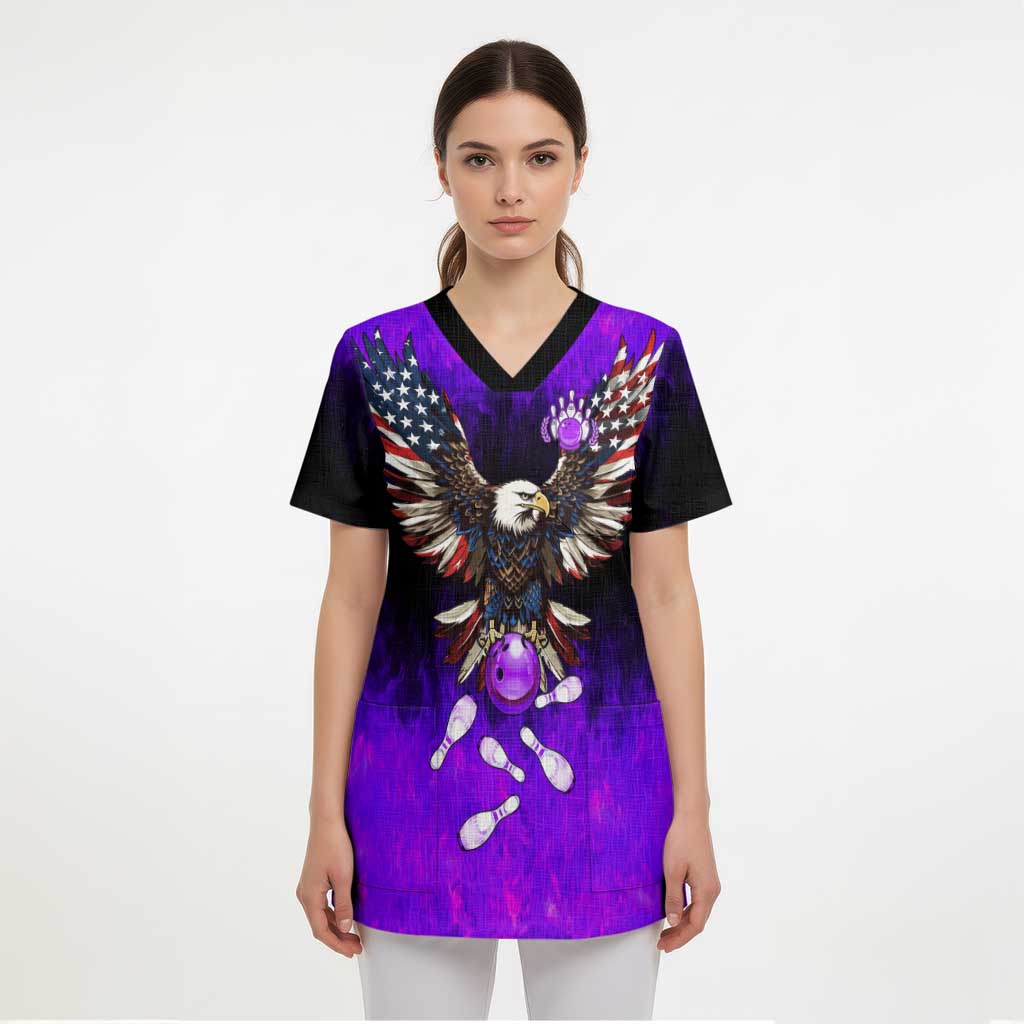 Personalized Patriotic Eagle Bowling Scrub Top with Purple Flames USA Flag Wings Design - Wonder Print Shop
