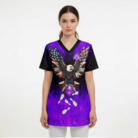 Personalized Patriotic Eagle Bowling Scrub Top with Purple Flames USA Flag Wings Design - Wonder Print Shop