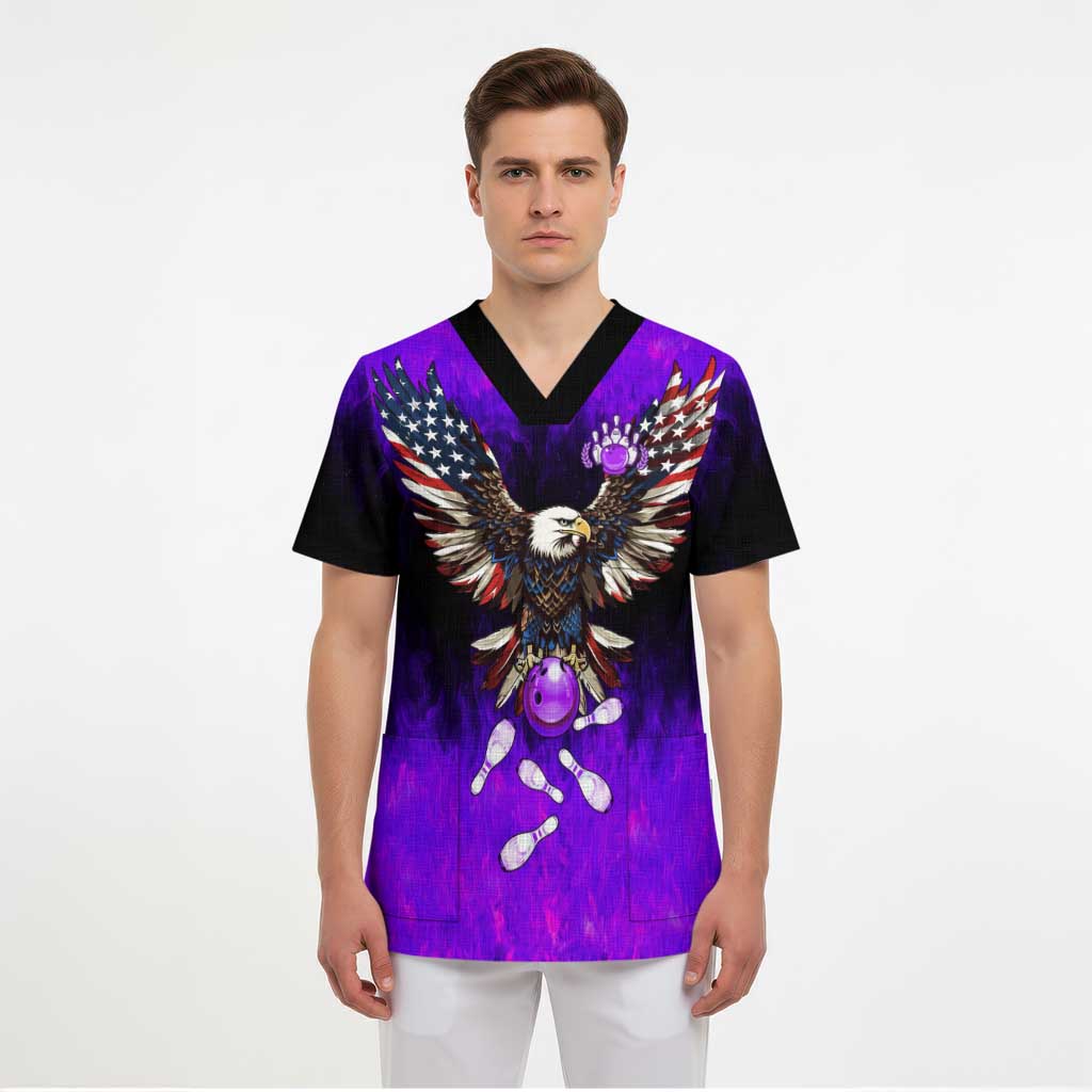 Personalized Patriotic Eagle Bowling Scrub Top with Purple Flames USA Flag Wings Design - Wonder Print Shop