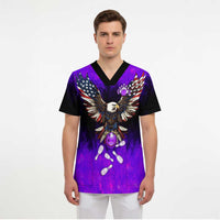 Personalized Patriotic Eagle Bowling Scrub Top with Purple Flames USA Flag Wings Design - Wonder Print Shop