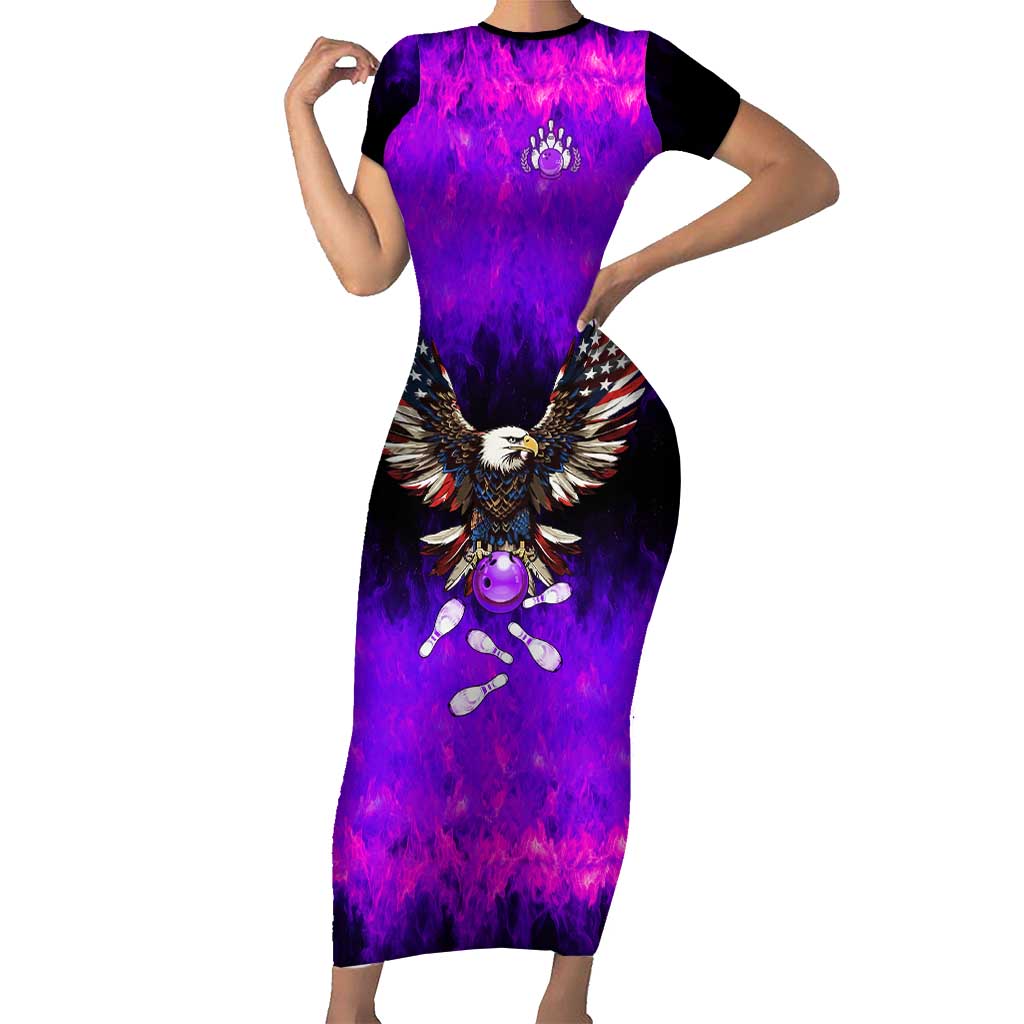 Personalized Patriotic Eagle Bowling Short Sleeve Bodycon Dress with Purple Flames USA Flag Wings Design - Wonder Print Shop