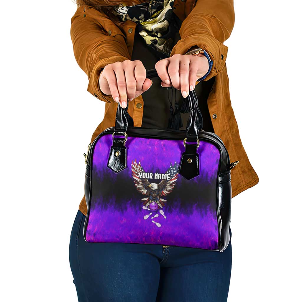 Personalized Patriotic Eagle Bowling Shoulder Handbag with Purple Flames USA Flag Wings Design - Wonder Print Shop