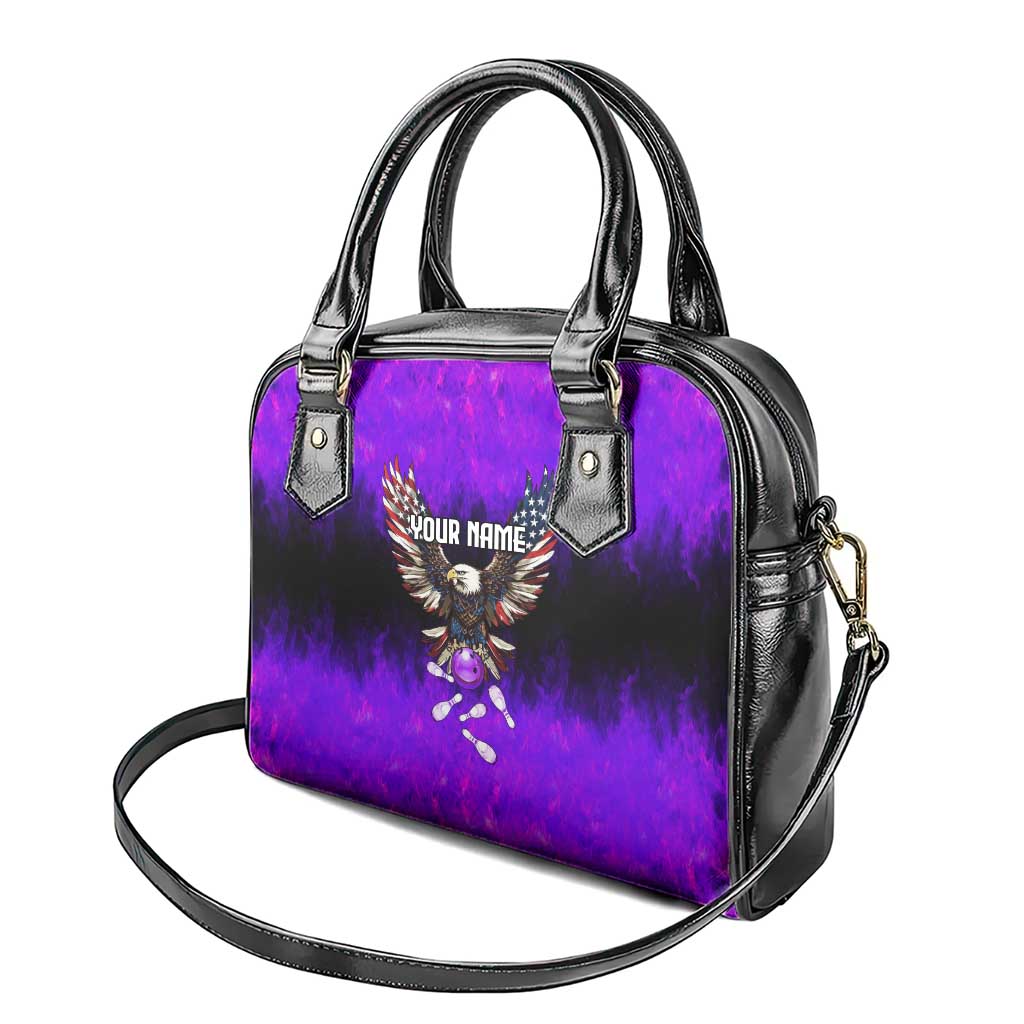 Personalized Patriotic Eagle Bowling Shoulder Handbag with Purple Flames USA Flag Wings Design - Wonder Print Shop