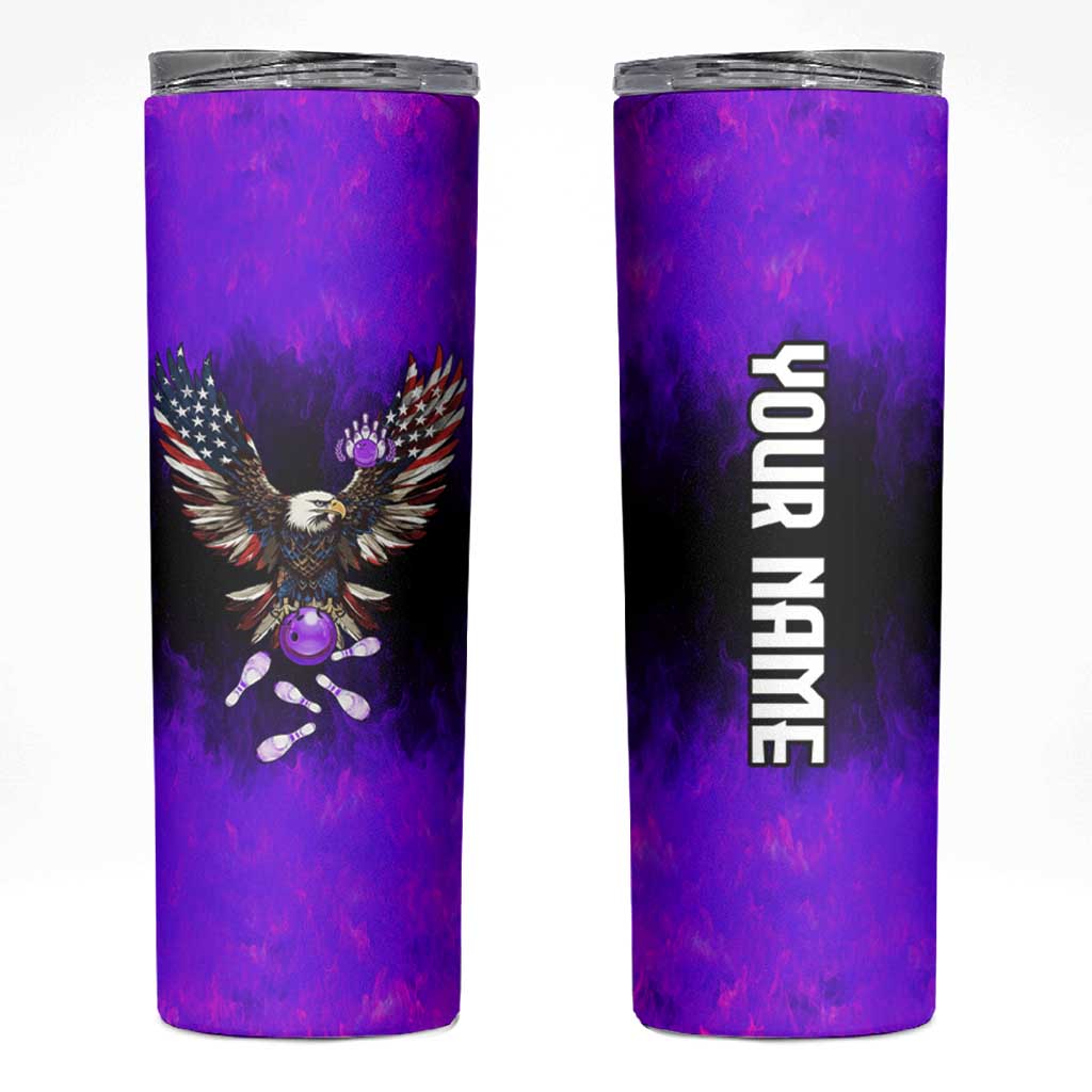 Personalized Patriotic Eagle Bowling Skinny Tumbler with Purple Flames USA Flag Wings Design - Wonder Print Shop