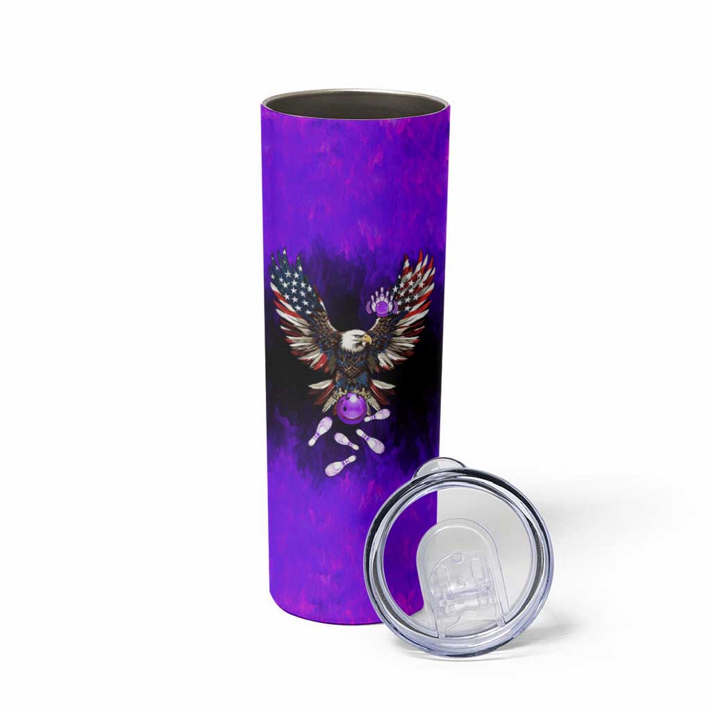 Personalized Patriotic Eagle Bowling Skinny Tumbler with Purple Flames USA Flag Wings Design - Wonder Print Shop