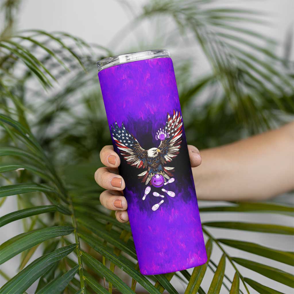 Personalized Patriotic Eagle Bowling Skinny Tumbler with Purple Flames USA Flag Wings Design - Wonder Print Shop