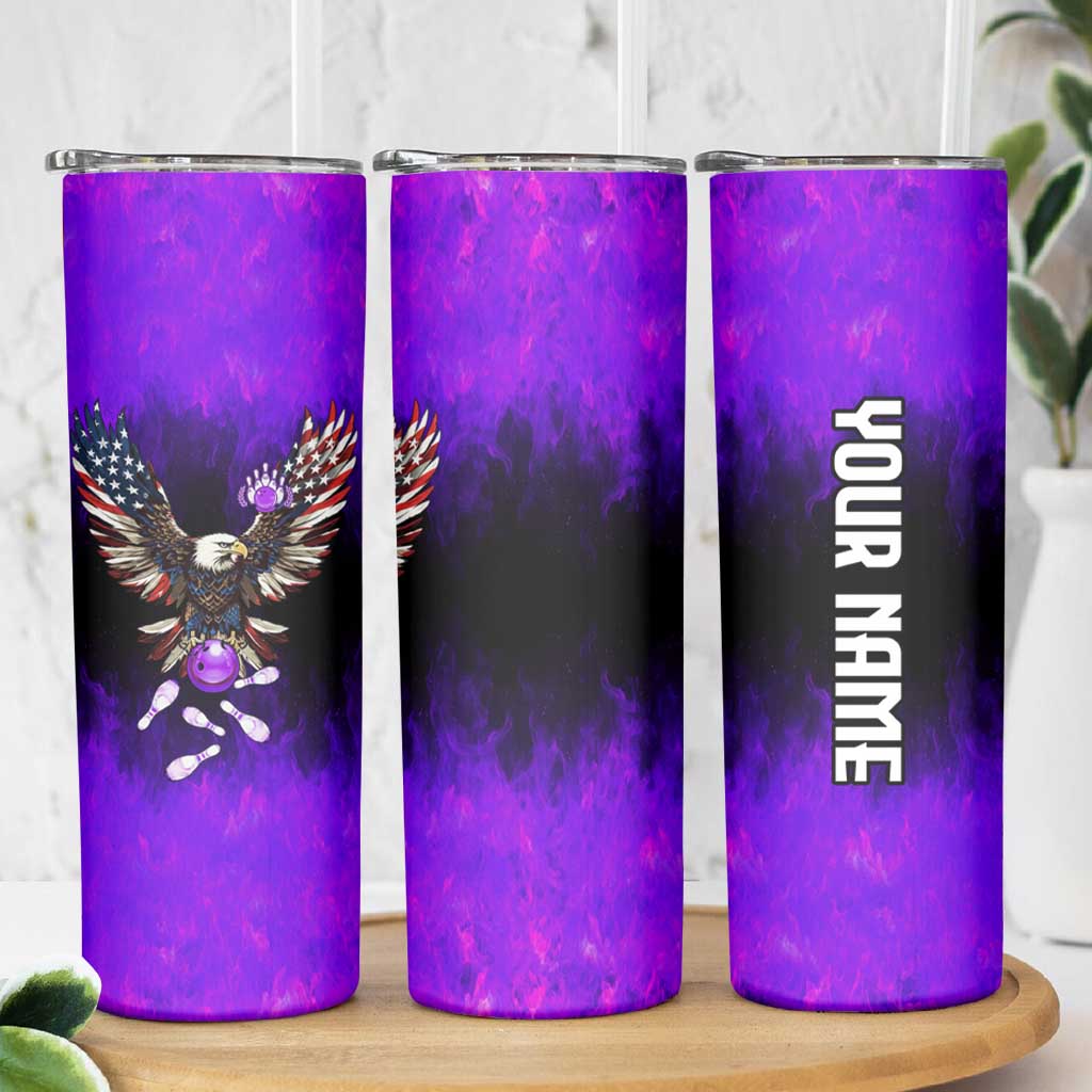 Personalized Patriotic Eagle Bowling Skinny Tumbler with Purple Flames USA Flag Wings Design - Wonder Print Shop