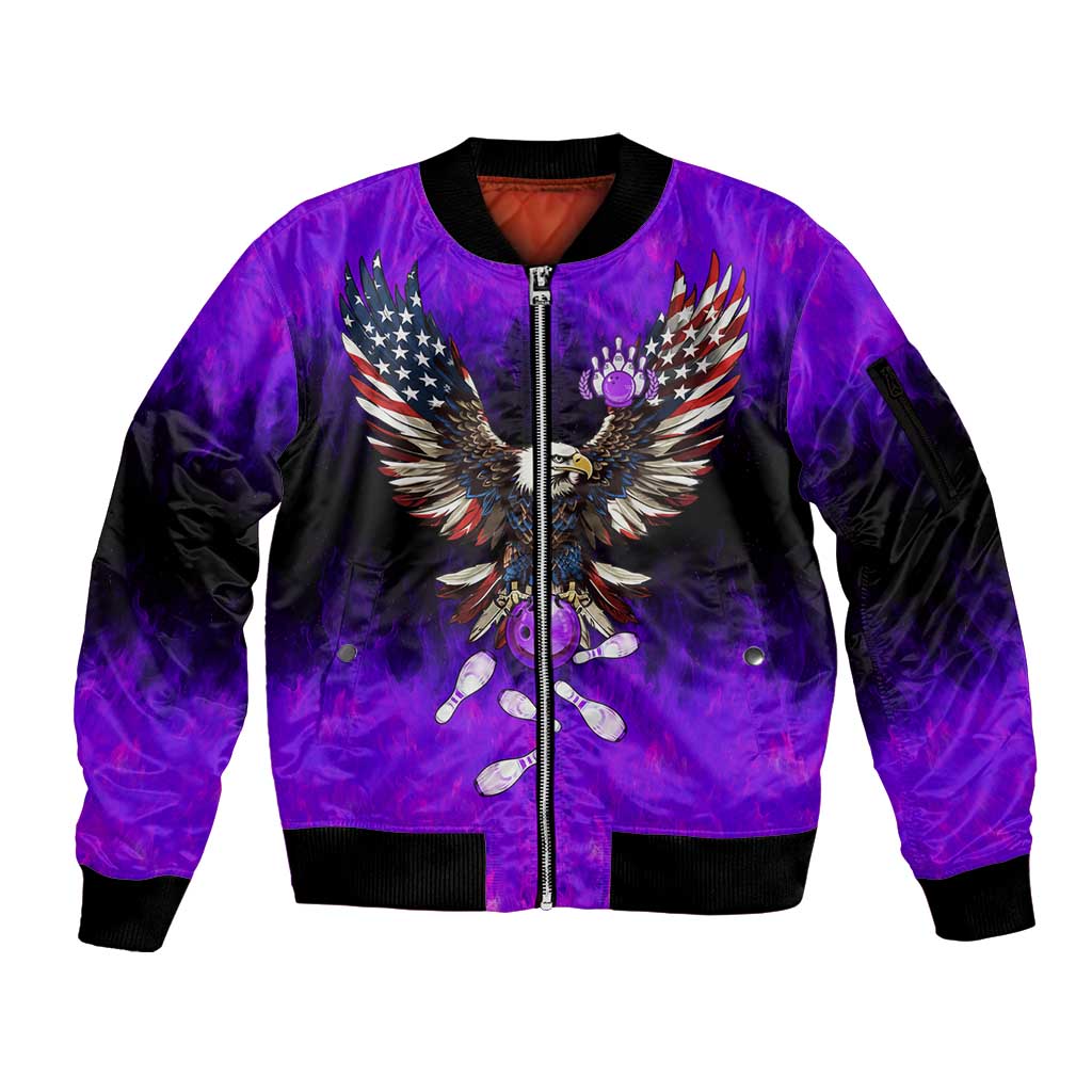Personalized Patriotic Eagle Bowling Sleeve Zip Bomber Jacket with Purple Flames USA Flag Wings Design - Wonder Print Shop