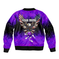 Personalized Patriotic Eagle Bowling Sleeve Zip Bomber Jacket with Purple Flames USA Flag Wings Design - Wonder Print Shop