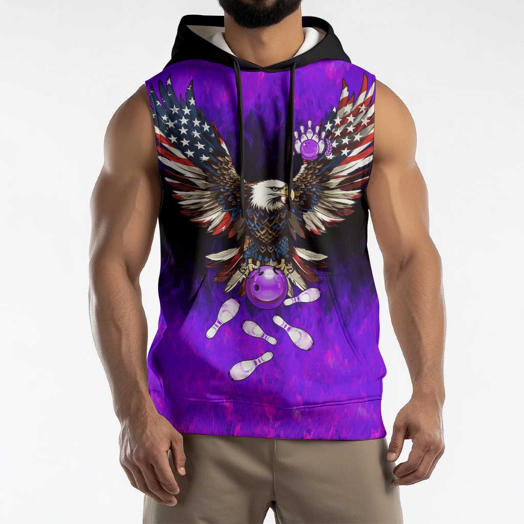 Personalized Patriotic Eagle Bowling Sleeveless Hoodie with Purple Flames USA Flag Wings Design - Wonder Print Shop