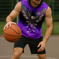 Personalized Patriotic Eagle Bowling Sleeveless Hoodie with Purple Flames USA Flag Wings Design - Wonder Print Shop