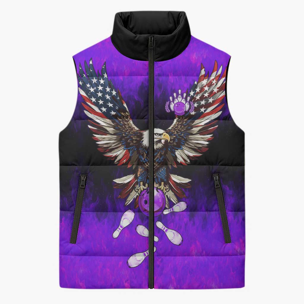 Personalized Patriotic Eagle Bowling Sleeveless Puffer Jacket with Purple Flames USA Flag Wings Design - Wonder Print Shop