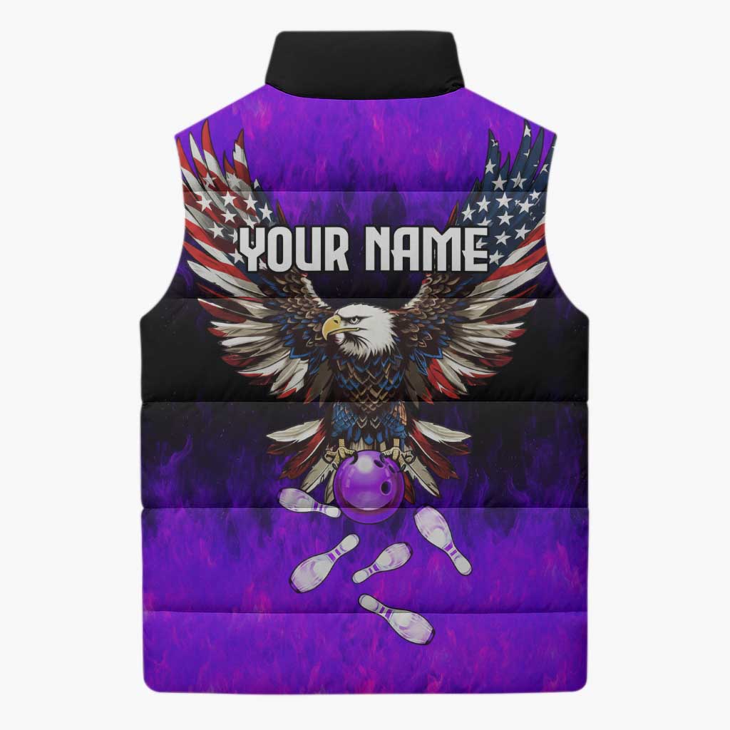 Personalized Patriotic Eagle Bowling Sleeveless Puffer Jacket with Purple Flames USA Flag Wings Design - Wonder Print Shop