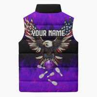 Personalized Patriotic Eagle Bowling Sleeveless Puffer Jacket with Purple Flames USA Flag Wings Design - Wonder Print Shop