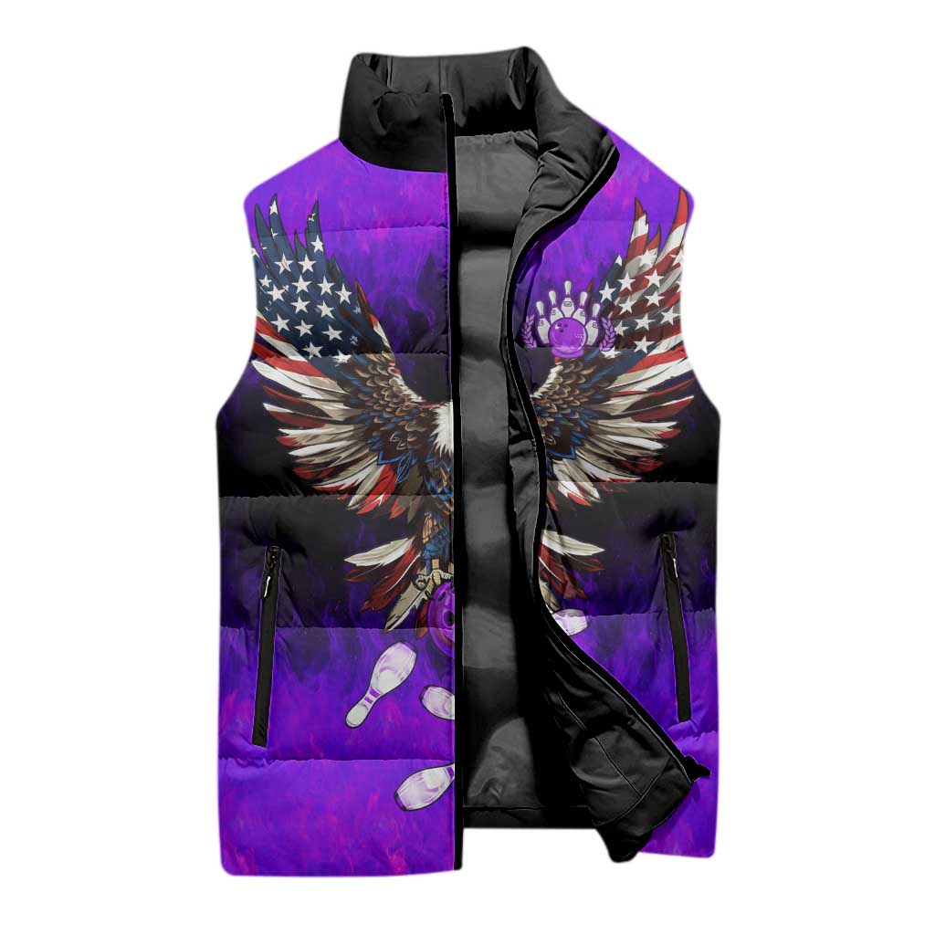 Personalized Patriotic Eagle Bowling Sleeveless Puffer Jacket with Purple Flames USA Flag Wings Design - Wonder Print Shop