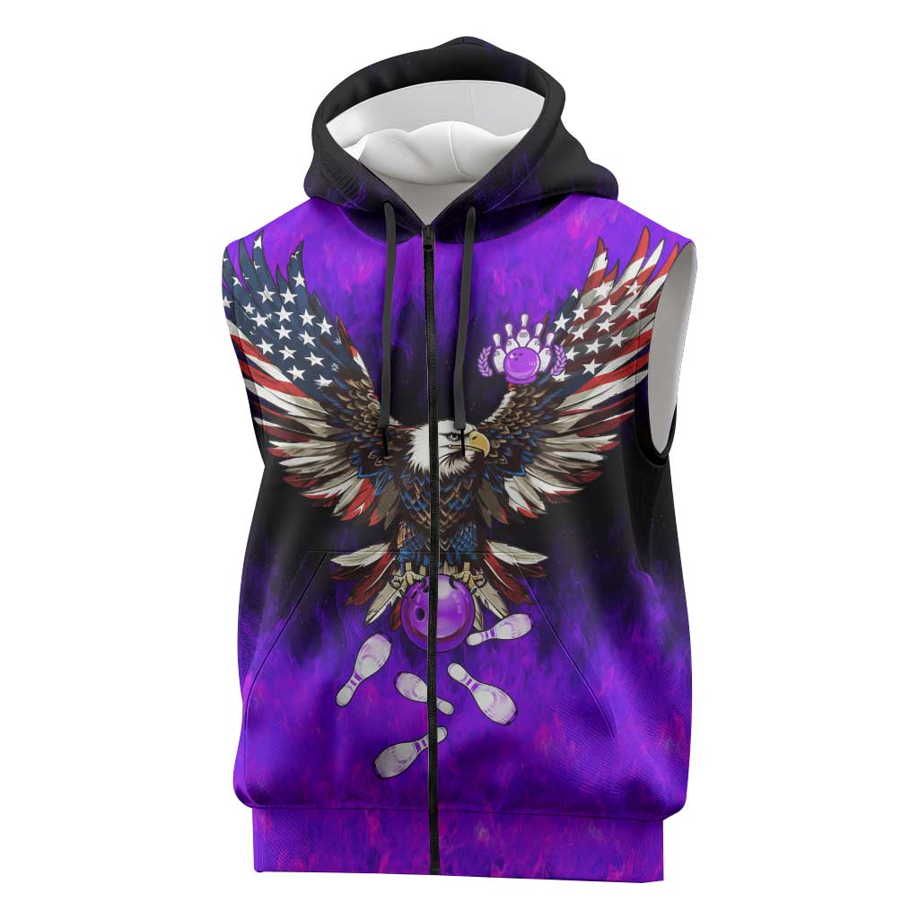 Personalized Patriotic Eagle Bowling Sleeveless Zip Hoodie with Purple Flames USA Flag Wings Design - Wonder Print Shop